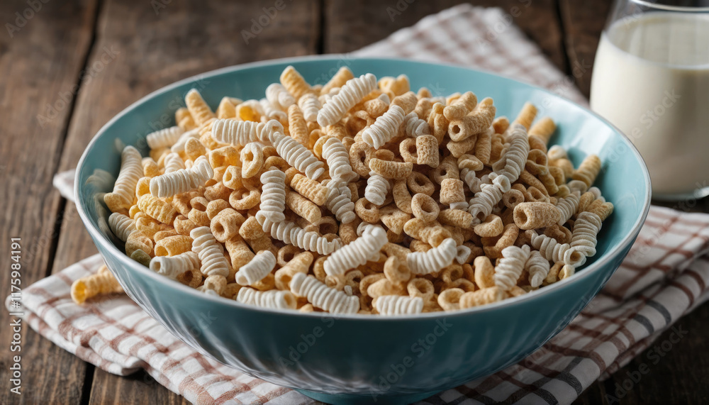 Crunchy cereal fills a blue bowl on a wooden table with a checkered cloth and a glass of milk nearby Crunchy cereal fills a blue bowl on a wooden table with a checkered cloth and a glass of milk nearby