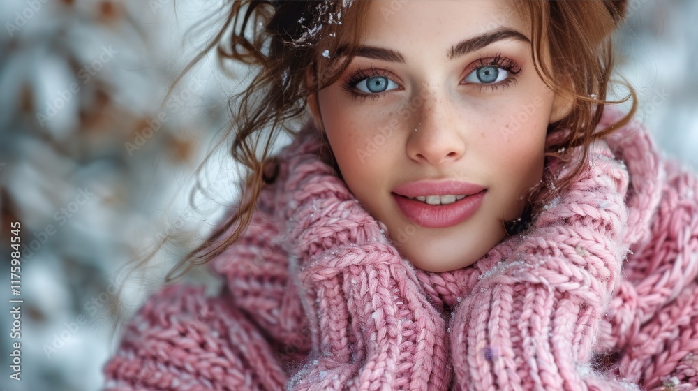 Beautiful,Blue-Eyed Girl Smiling in a Pink Woolen Scarf on a Snowy Winter Day Festive Portrait. Beautiful,Blue-Eyed Girl Smiling in a Pink Woolen Scarf on a Snowy Winter Day Festive Portrait.