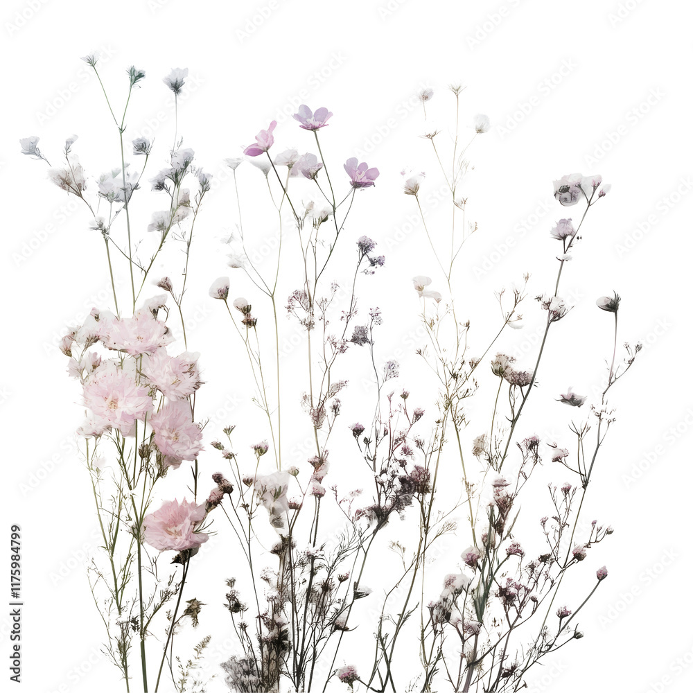 A delicate arrangement of dried flowers on a clean transparent background showcasing soft colors and natural beauty, imagine bush of flowers on transparent background A delicate arrangement of dried flowers on a clean transparent background showcasing soft colors and natural beauty, imagine bush of flowers on transparent background