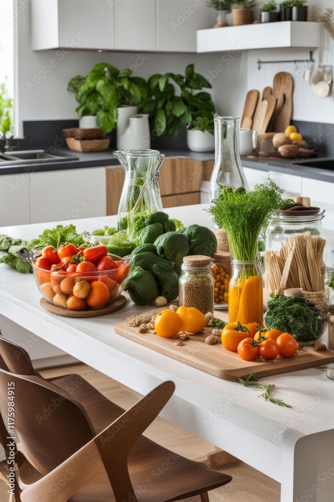 Fresh vegetables and herbs arranged on modern kitchen countertop. Bright tomatoes, lemons, and greens create vibrant atmosphere. Perfect for cooking inspiration and healthy lifestyle promotion. Fresh vegetables and herbs arranged on modern kitchen countertop. Bright tomatoes, lemons, and greens create vibrant atmosphere. Perfect for cooking inspiration and healthy lifestyle promotion.