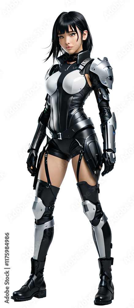 female cyberpunk in manga style robot armor. PNG file. female cyberpunk in manga style robot armor. PNG file.