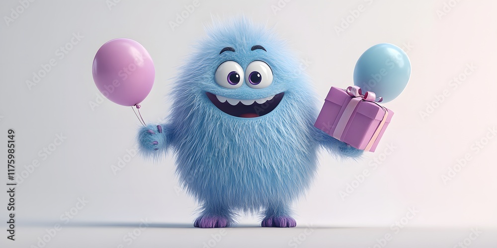 Obraz premium 3D illustration of a cheerful blue fluffy monster holding pastel balloons and a pink gift box, designed in a playful and whimsical style