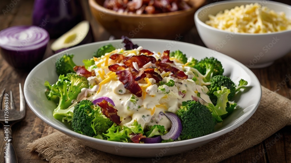 Vibrant Mayonnaise Salad with Broccoli, Cauliflower, Bacon, and Cheddar Cheese Vibrant Mayonnaise Salad with Broccoli, Cauliflower, Bacon, and Cheddar Cheese