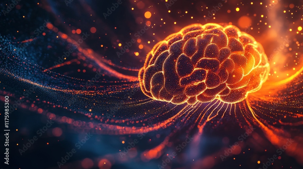 Fototapeta premium Stunning 3d illustration of an illuminated brain radiating vibrant lines on a dark background