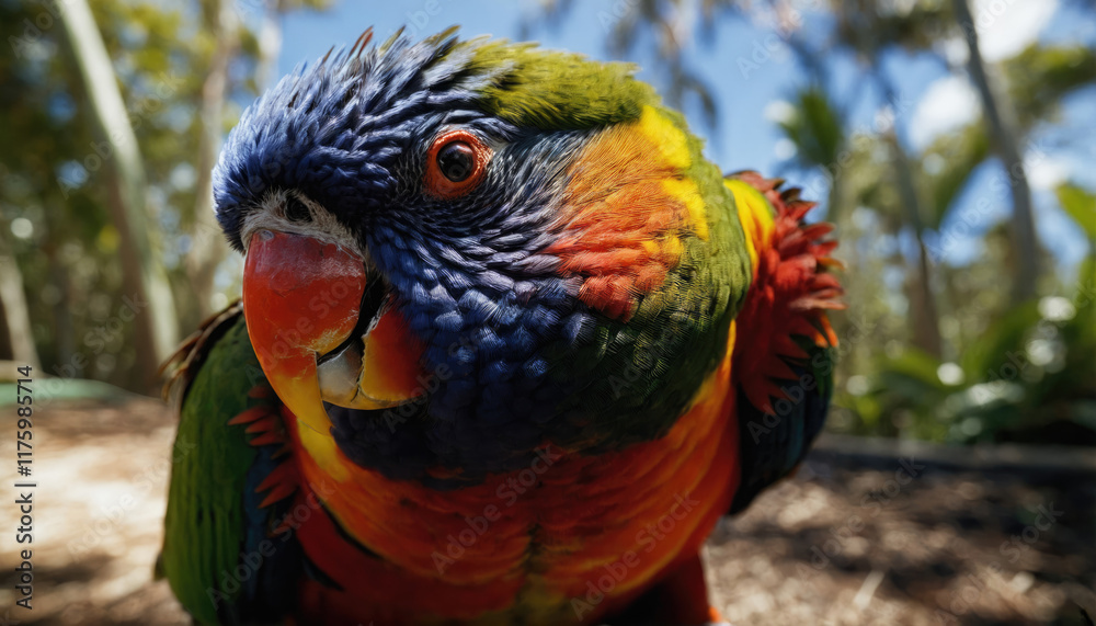 Fototapeta premium Colorful parrot explores lush tropical surroundings under bright sunlight