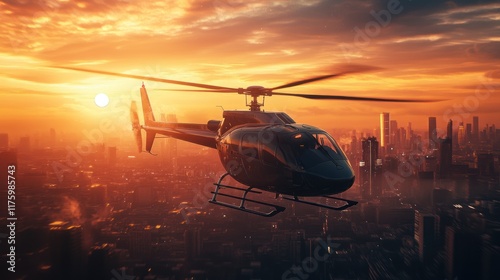 Helicopter Soaring Above Cityscape at Sunset: An Aerial View of Urban Landscape