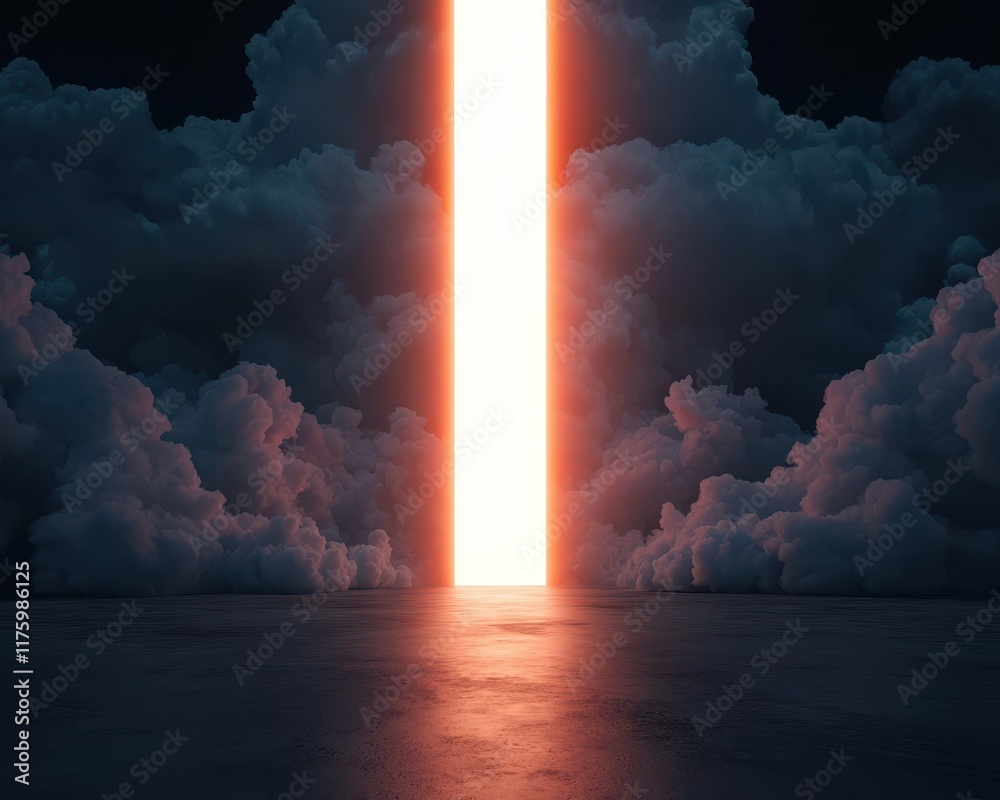 Fototapeta premium A bright vertical beam of light pierces through dark clouds, creating a surreal and mystical atmosphere.