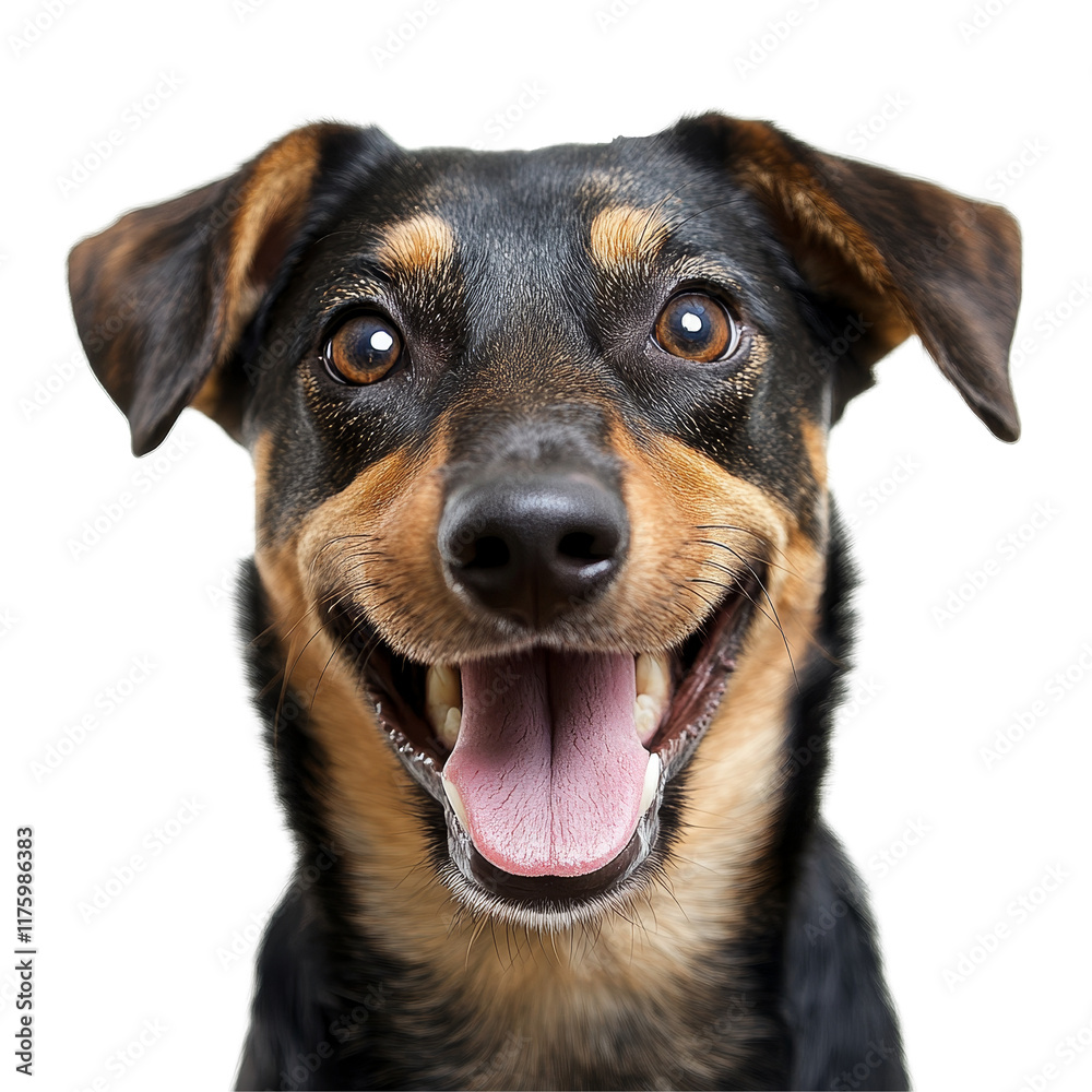 Obraz premium Happy dog with a big smile featuring soft fur and bright eyes on a clean transparent background in a joyful pose, Happy dog PNG transparent
