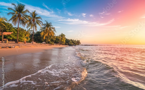 Goa Beach at Sunset, Serene sunset over tropical beach with palm trees. (1) photo