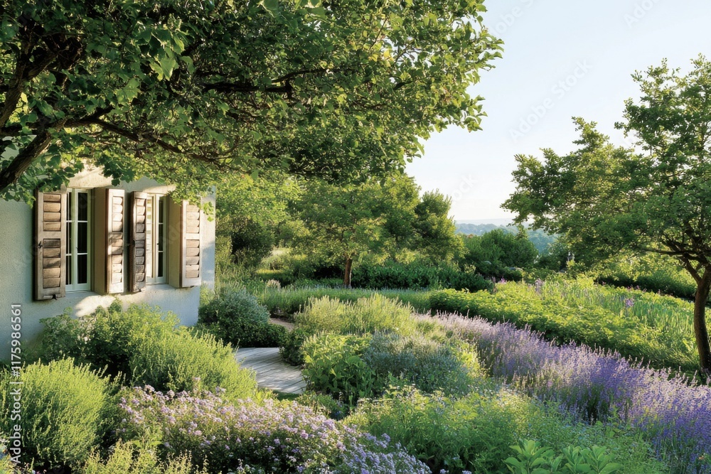 Beautiful garden adorned with blooming lavender and lush greenery, showcasing vibrant colors in a peaceful setting during daylight hours Beautiful garden adorned with blooming lavender and lush greenery, showcasing vibrant colors in a peaceful setting during daylight hours