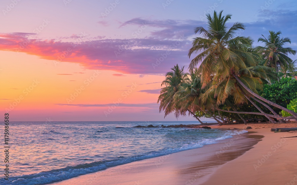 Fototapeta premium Goa Beach at Sunset, Vibrant sunset over tropical beach with palm trees. (1)