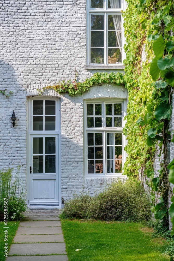 Charming white brick house with lush greenery and open doorway inviting visitors on a sunny afternoon in a tranquil neighborhood Charming white brick house with lush greenery and open doorway inviting visitors on a sunny afternoon in a tranquil neighborhood