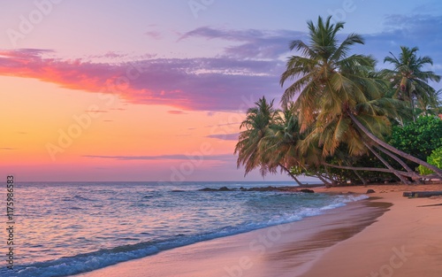 Goa Beach at Sunset, Vibrant sunset over tropical beach with palm trees. (1) photo