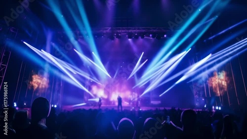 Purple and blue spotlights illuminate musicians playing on stage during a live concert, creating a vibrant spectacle for the enthusiastic fans in the audience