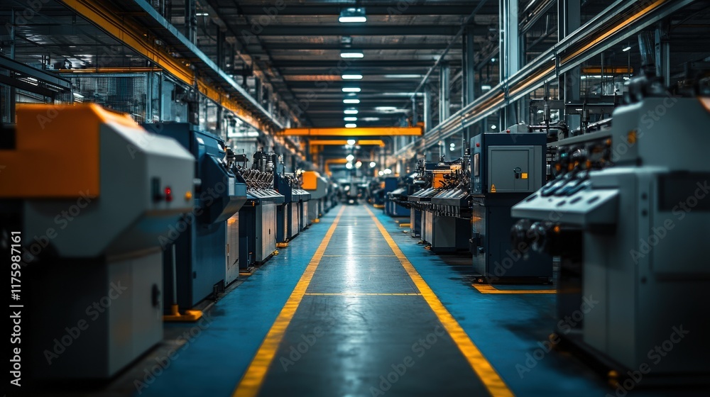 Fototapeta premium Modern Manufacturing Facility Interior Featuring Long Aisle of Industrial Machines and Equipment in Well-Lit High-Tech Environment