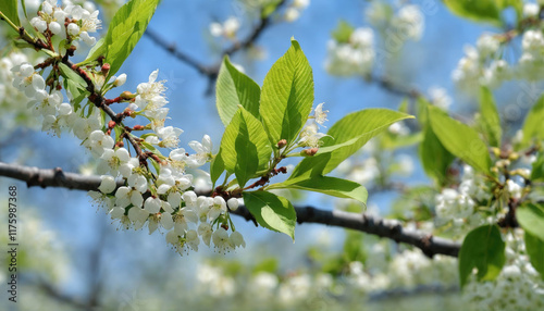 Spring blooms display delicate white flowers and vibrant green leaves on branches under a clear blue sky