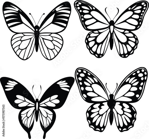 Admiral butterfly line arts with white background. Butterflies in vintage style set. Outlined sketches of flying insects, moths species collection. Retro detailed line drawings.