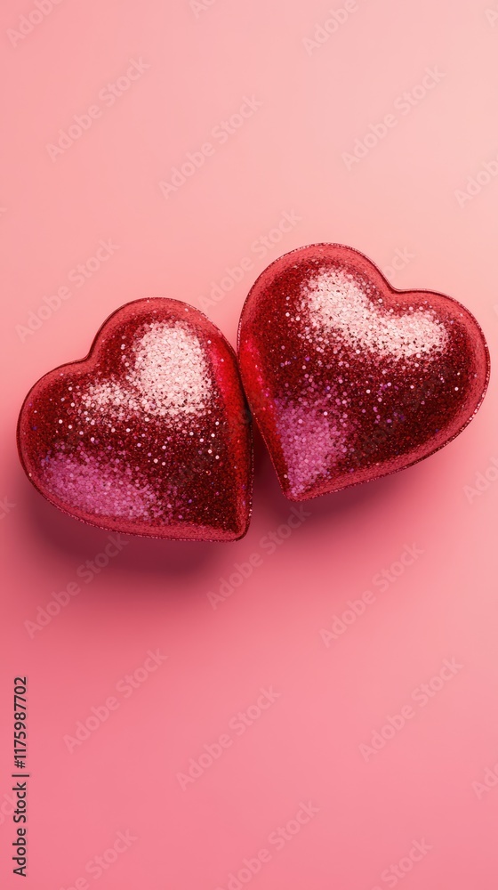 Two red glass hearts with glitters on pink background. St. Valentine's day concept. Symbol of love, romance and passion Two red glass hearts with glitters on pink background. St. Valentine's day concept. Symbol of love, romance and passion