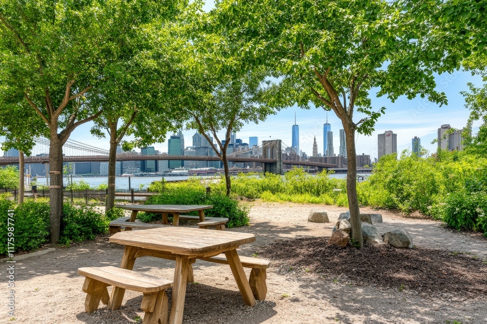 Obraz premium Picnic table park NYC skyline view.