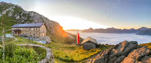 Hiking near Starkenburger hut at Stubai High Trail (Stubaier Höhenweg), one of the most beautiful high-altitude hikes in the austrian Alps, near stubai glacier and Innsbruck in summer, Tirol Austria