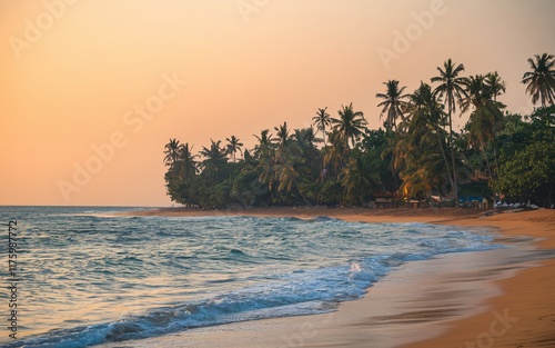 Fototapeta Naklejka Na Ścianę i Meble -  Goa Beach at Sunset, Serene sunset over tropical beach with palm trees.