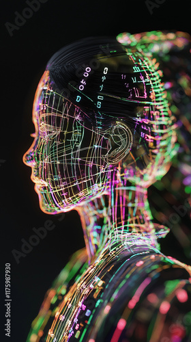Acupuncture female head with meridians vertical