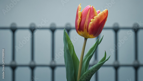 Brightly colored tulip stands tall against a blurred background of a wrought iron fence on a cloudy day