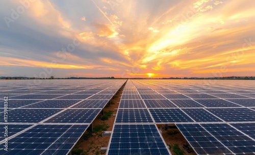 solar panel field, vast array, sunset sky, golden hour, renewable energy, clean power, industrial landscape, reflective surfaces, horizon view, dramatic clouds, orange glow, photovoltaic technology, s photo