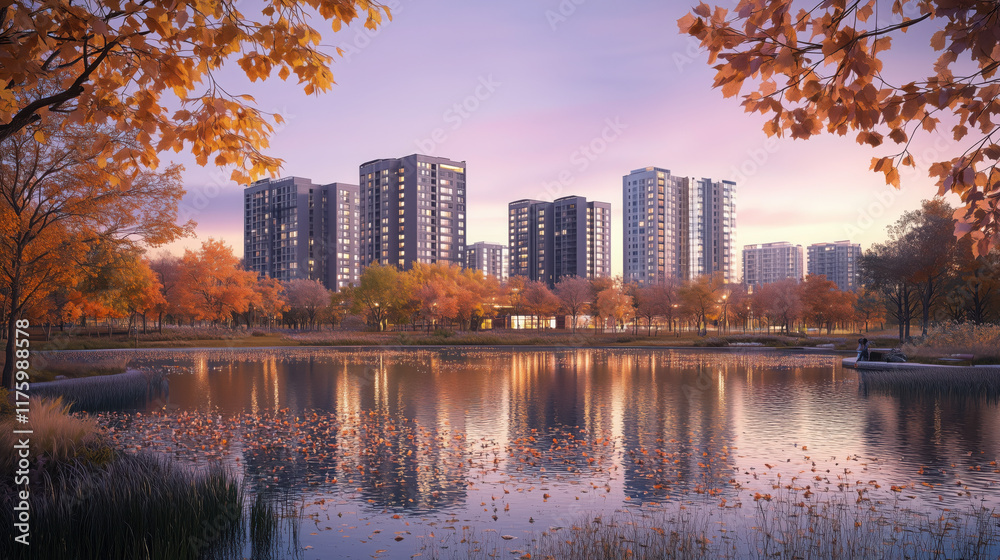 Fototapeta premium A peaceful autumn evening by the pond in a city park, with trees shedding colorful leaves into the water, the sky turning soft shades of pink and purple, and modern apartment buildings towering in the
