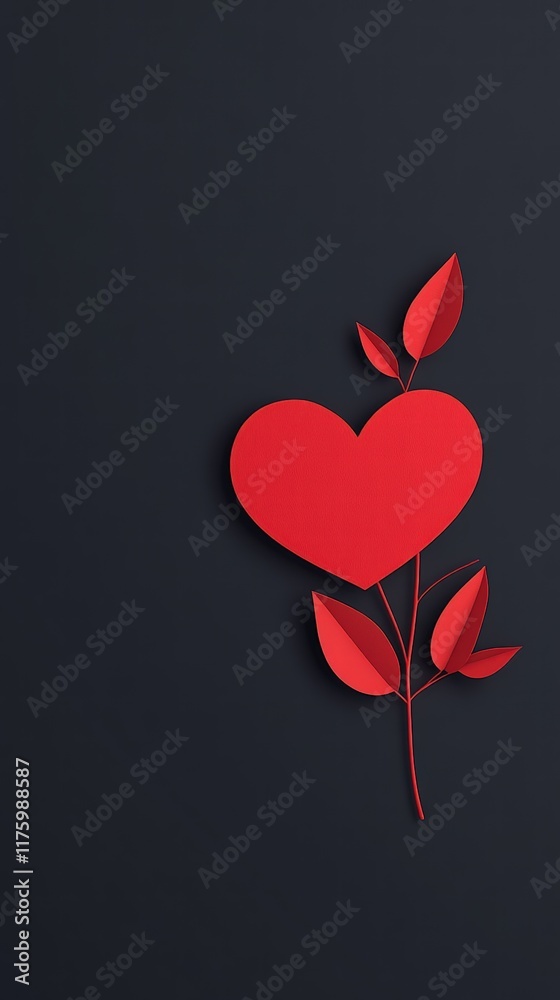 Red paper heart with leaves on dark background; Valentine's card design. Red paper heart with leaves on dark background; Valentine's card design.