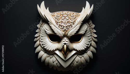 Detailed owl mask design showcases intricate carvings and textures in a dark setting