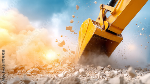 Excavator digging at a construction site creating dust photo