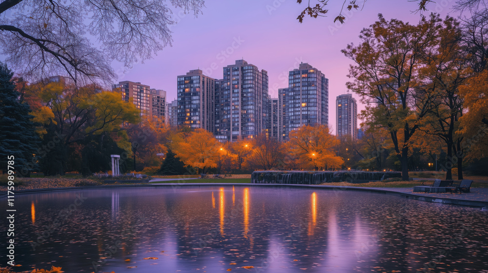 Obraz premium A peaceful autumn evening by the pond in a city park, with trees shedding colorful leaves into the water, the sky turning soft shades of pink and purple, and modern apartment buildings towering in the