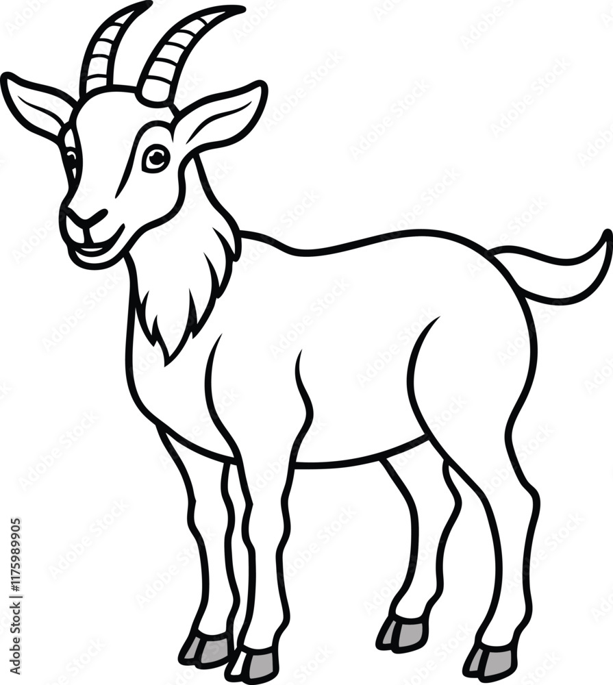 Obraz premium Alpine goat line arts with white background. Mountain goat, outline vector illustration. Ibex or urial wild horned animal for zoo design