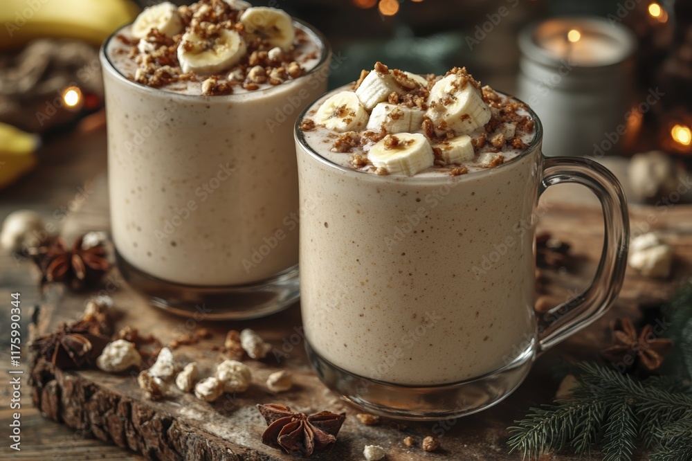 Creamy banana smoothies with nut topping and spices on rustic wooden table Creamy banana smoothies with nut topping and spices on rustic wooden table
