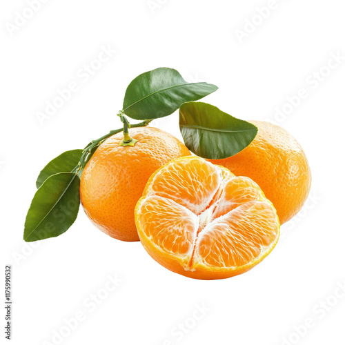 Fresh tangerines with leaves on a bright transparent background ready for a healthy snack or dessert presentation, Tangerines fruit isolated on transparent background