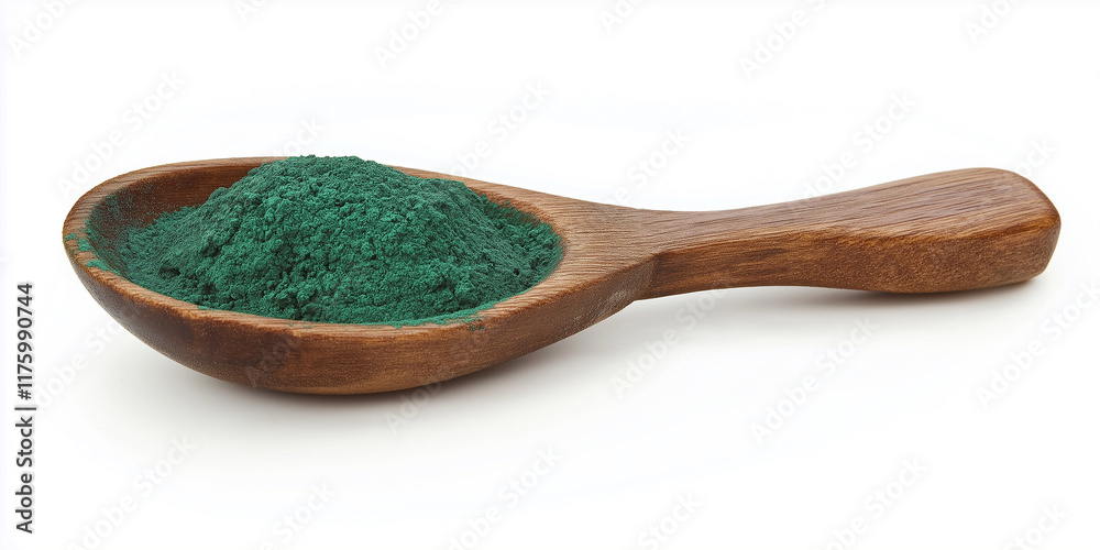 Spirulina powder resting in wooden spoon on white background Spirulina powder resting in wooden spoon on white background