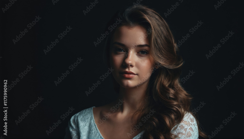 Portrait of a young woman with wavy hair in soft light against a dark background Portrait of a young woman with wavy hair in soft light against a dark background
