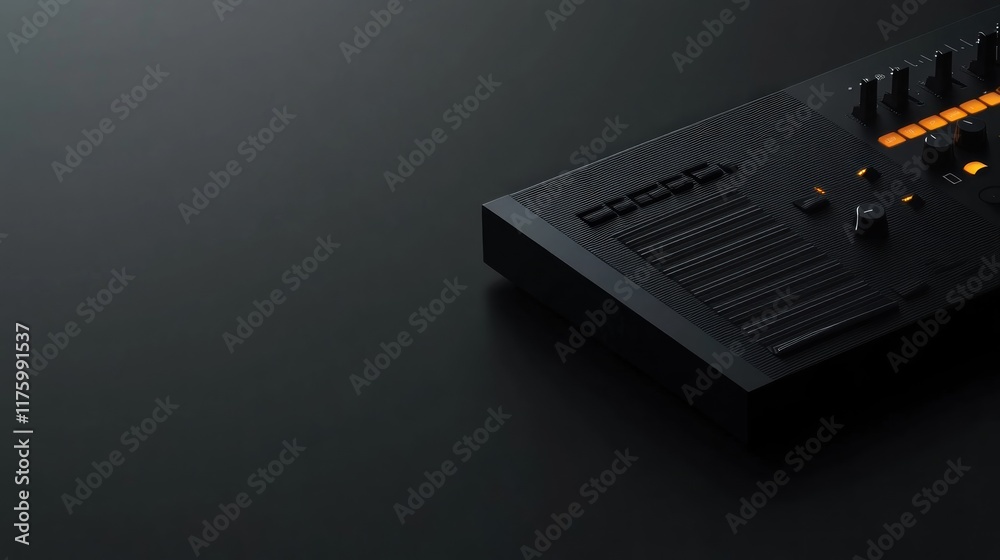 Black synthesizer on dark background. Black synthesizer on dark background.