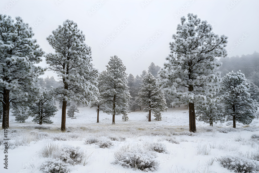 Serene Snowy Pine Forest Under a Tranquil Pale Gray Winter Sky, Reflections in Nature Serene Snowy Pine Forest Under a Tranquil Pale Gray Winter Sky, Reflections in Nature