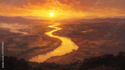 Serene sunset over a winding river valley, bathed in warm golden light.