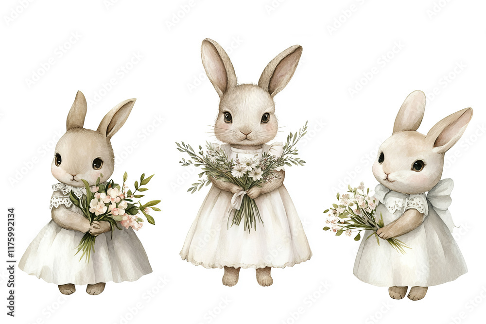 Obraz premium Cute three easter rabbits with spring flowers on hands, watercolor style, white background