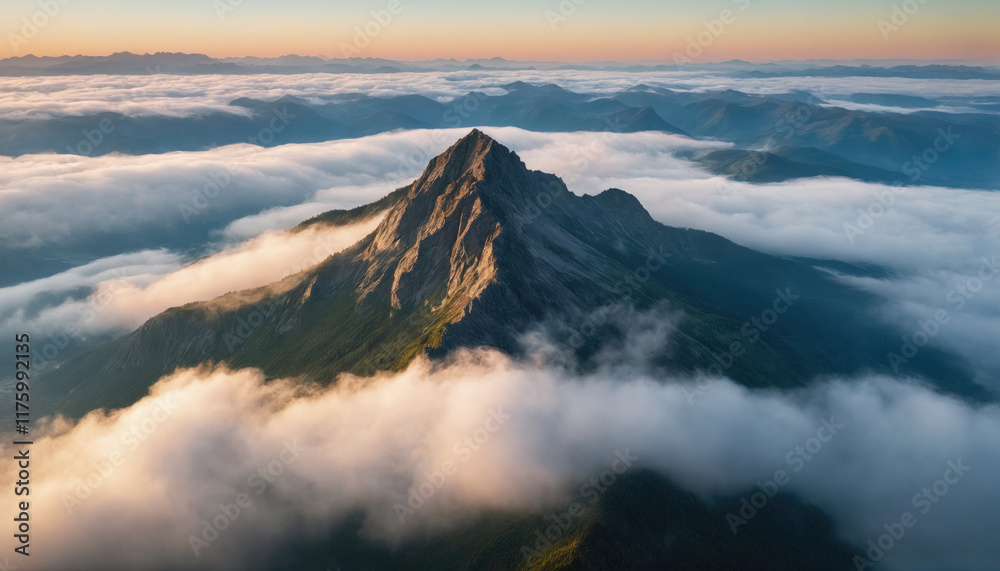 Majestic mountain peak rising above the clouds at sunrise, showcasing stunning natural beauty and tranquility Majestic mountain peak rising above the clouds at sunrise, showcasing stunning natural beauty and tranquility