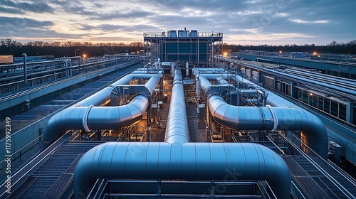  Overhead view of large HVAC system on factory roof with interconnected ducts, exhaust fans, and insulated pipes. Demonstrates industrial air handling and ventilation infrastructure.