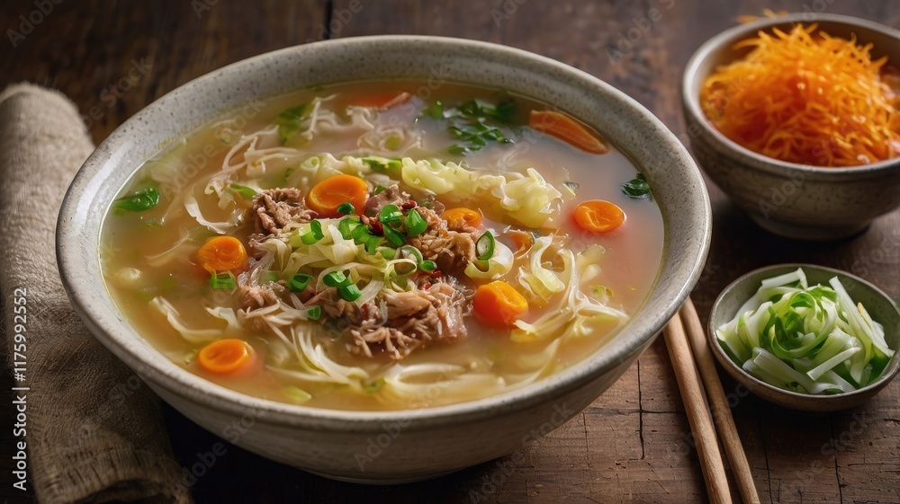 Healthy Winter Egg Roll Soup with Minced Meat and Shredded Vegetables Healthy Winter Egg Roll Soup with Minced Meat and Shredded Vegetables