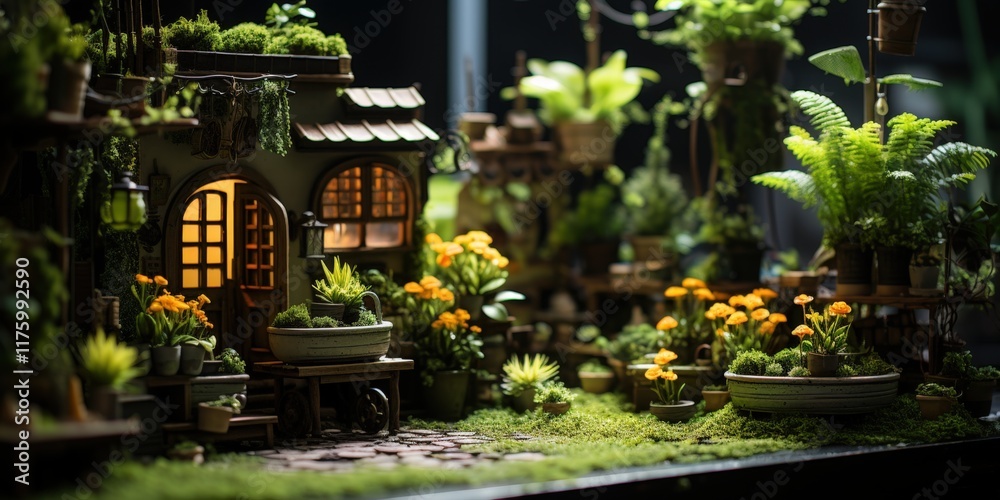 Miniature garden house, lush plants, night scene, fantasy setting, home decor. Miniature garden house, lush plants, night scene, fantasy setting, home decor.