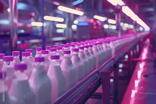 Plastic milk bottles on conveyor belt in dairy factory during production. photo