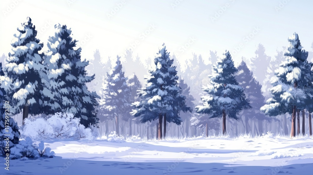 Snowy winter forest scene with snow-covered pine trees and a misty background. Snowy winter forest scene with snow-covered pine trees and a misty background.