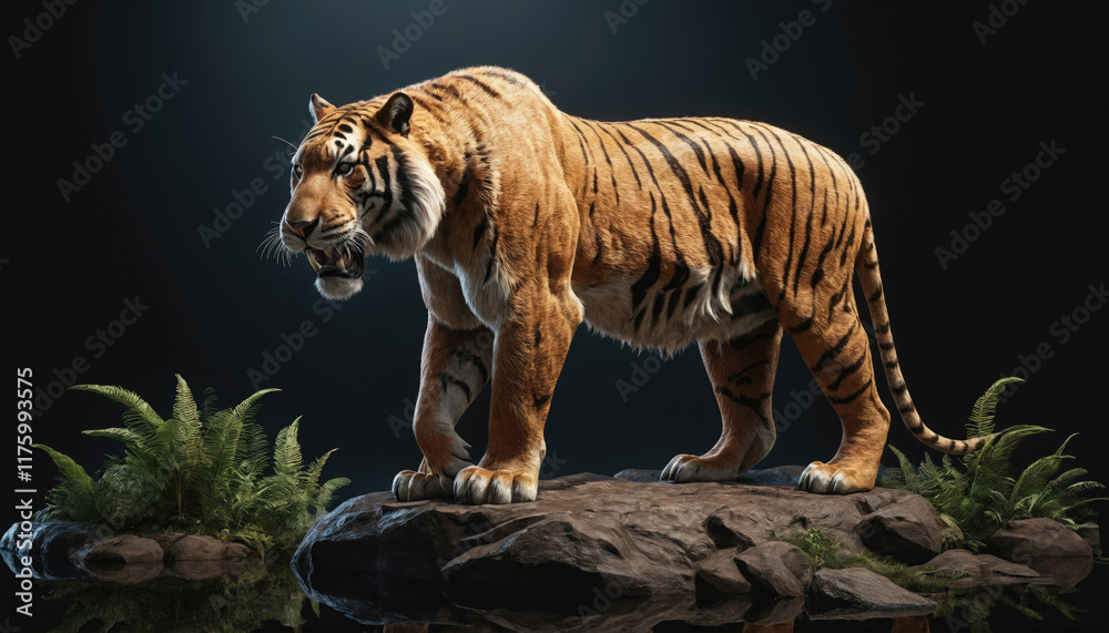 Fototapeta premium Majestic tiger standing on rocks surrounded by ferns in a dramatic setting with focused lighting