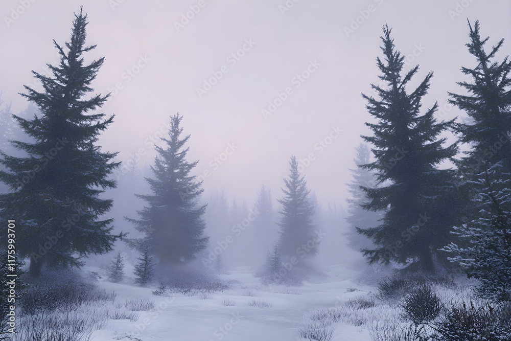 Serene Snowy Pine Forest Under a Tranquil Pale Gray Winter Sky, Reflections in Nature Serene Snowy Pine Forest Under a Tranquil Pale Gray Winter Sky, Reflections in Nature